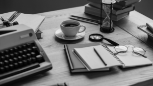 A desk with a typewriter, cup and saucer, notebooks, pen, glasses and books