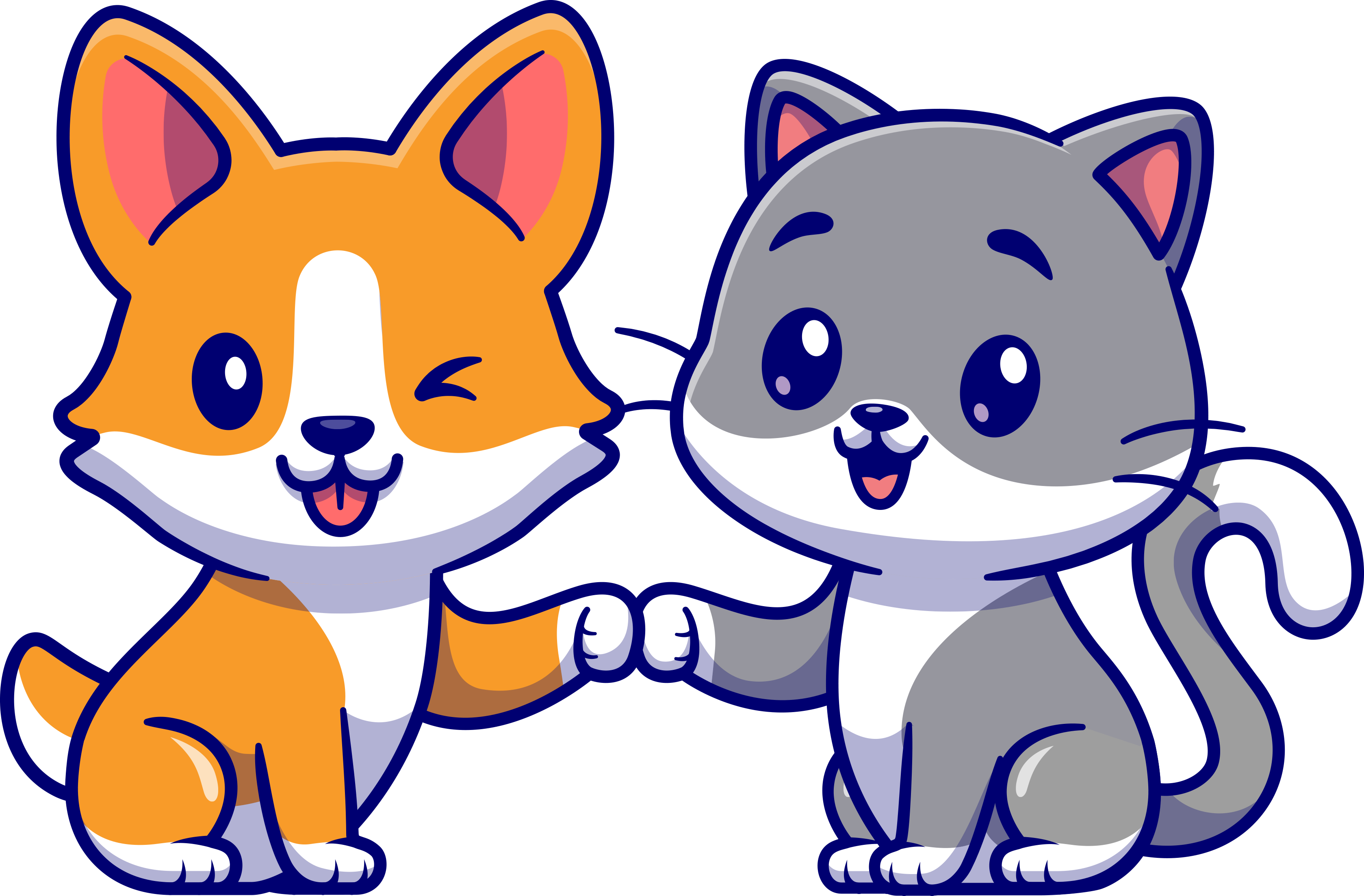 Illustration of a cute corgi and a cute grey and white cat giving each other a fistbump.