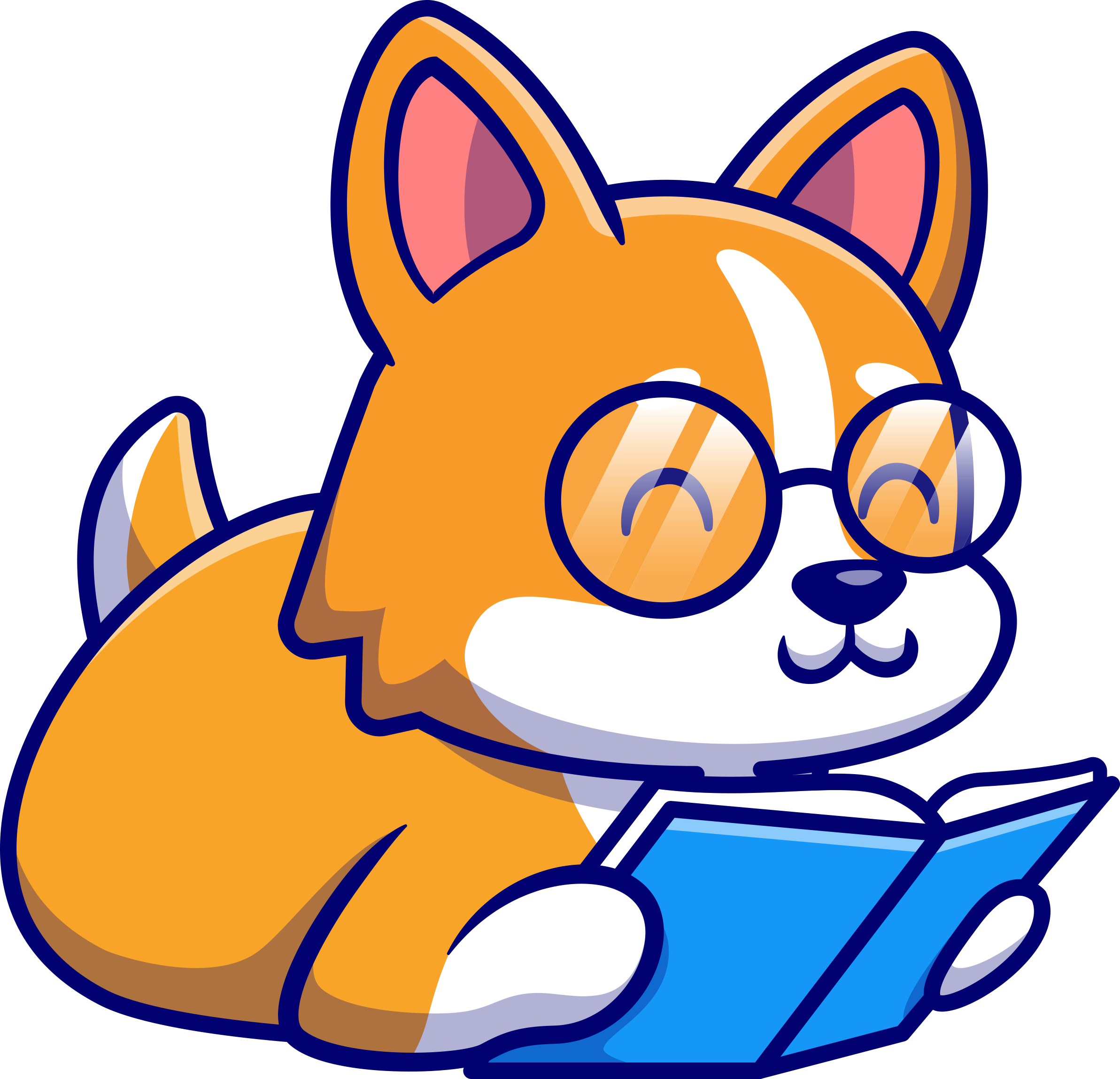 Illustration of a cute corgi wearing glasses and reading a book.