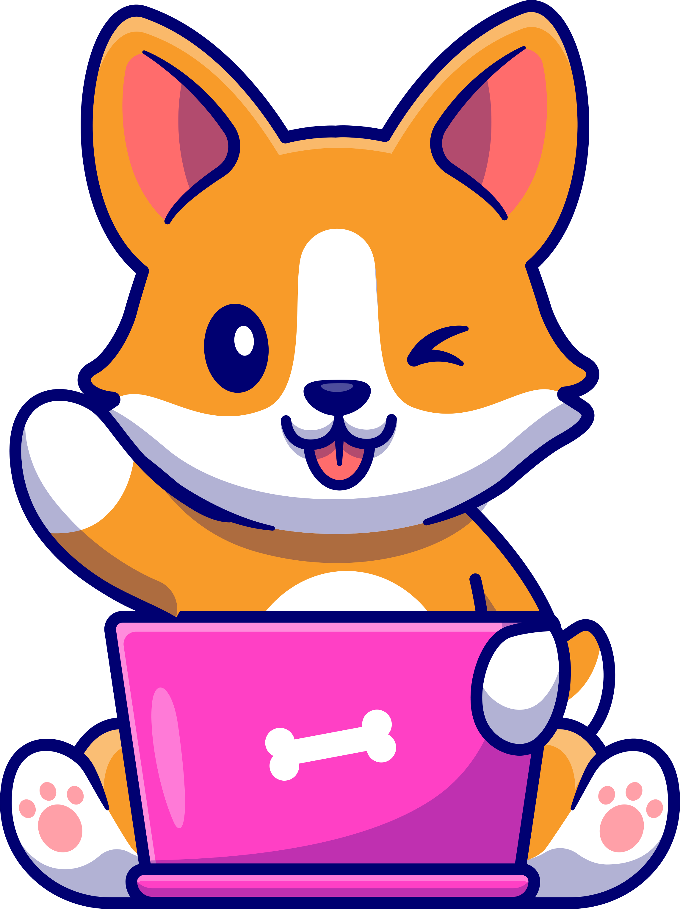 Illustration of a cute corgi working on a laptop while winking and waving at you.