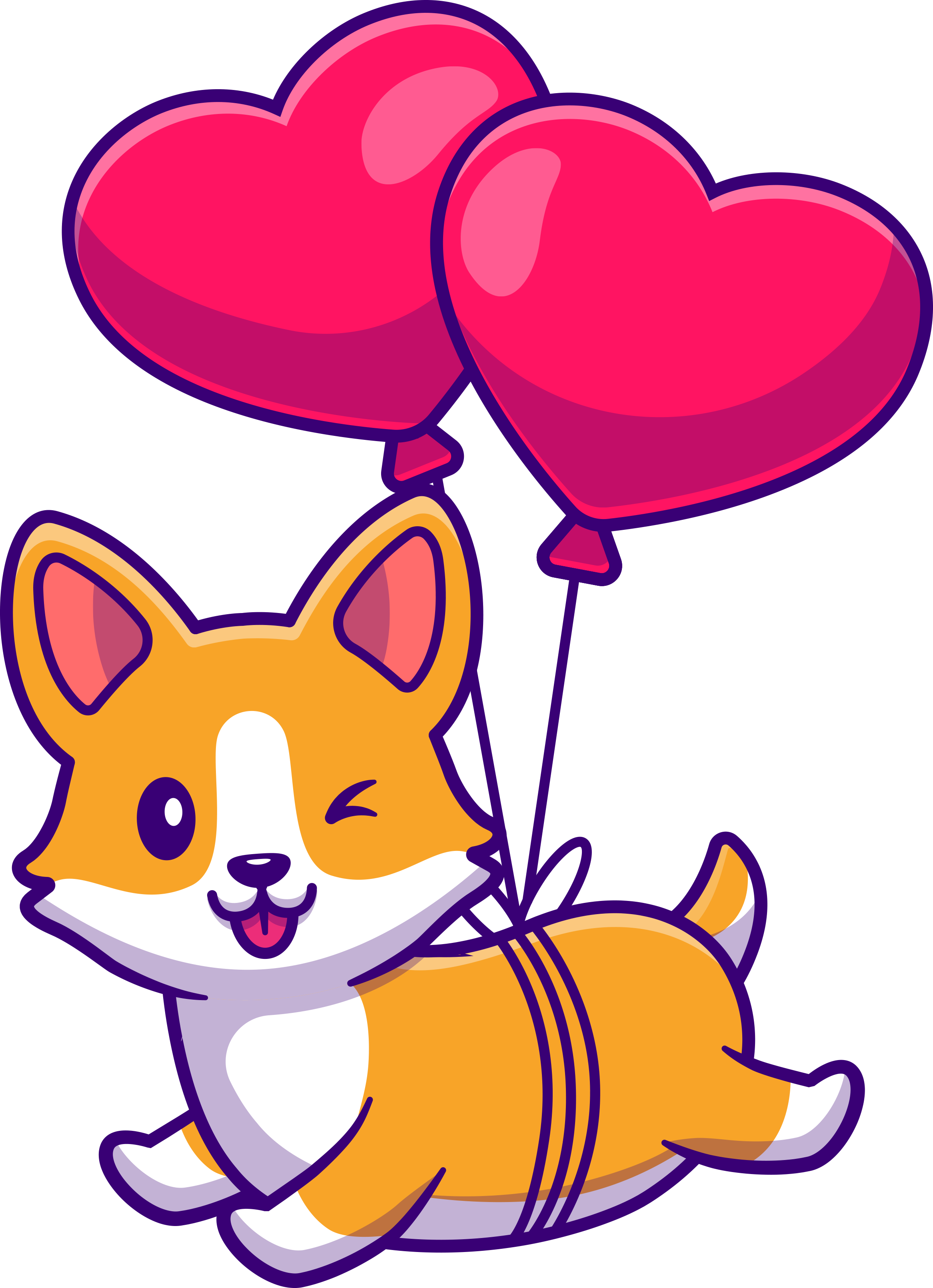 An illustration of a cute Corgi being uplifted by the power of two heart-shaped balloons.