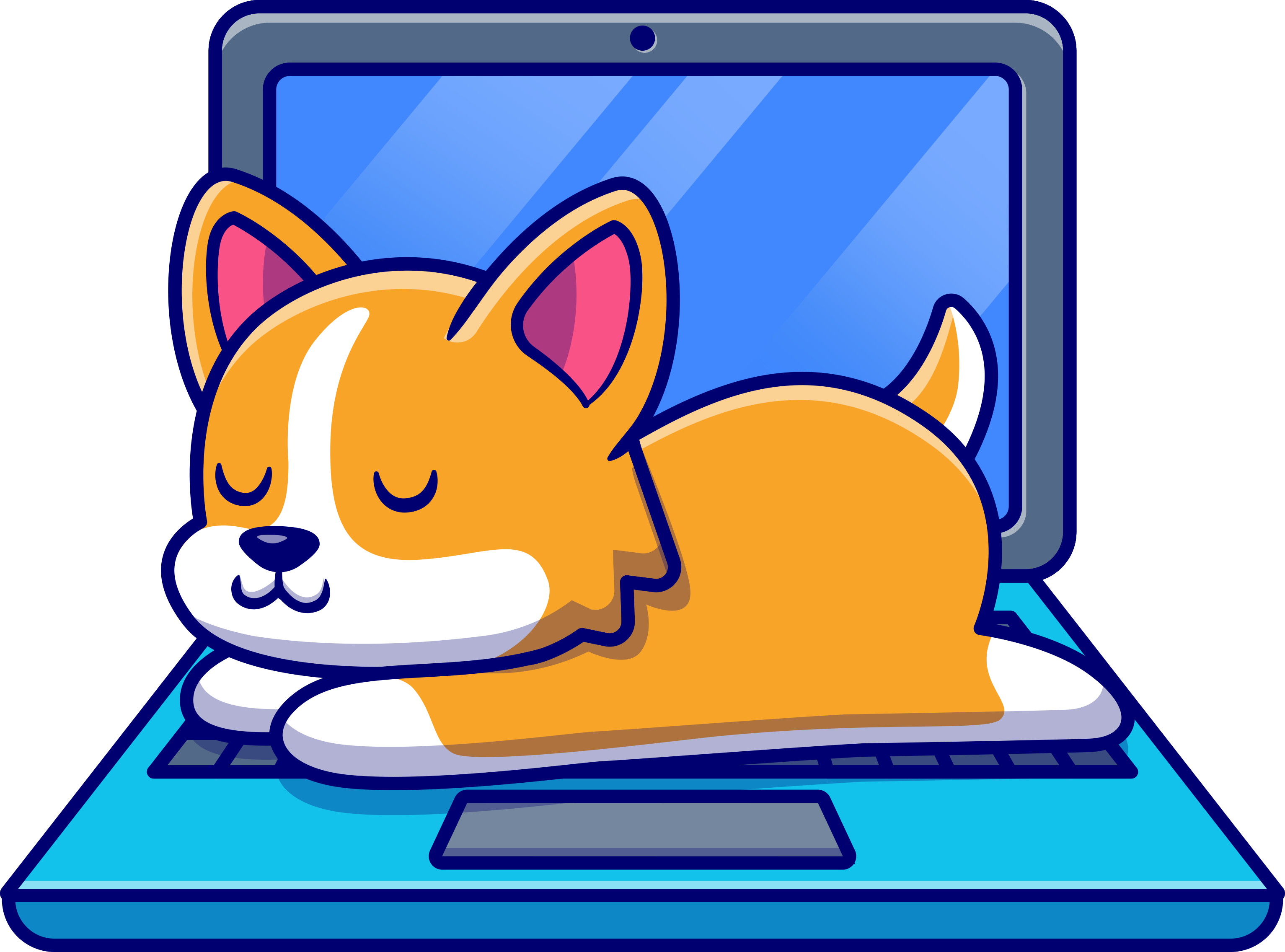 An illustration of a cute corgi snoozing on the keyboard of an open laptop.