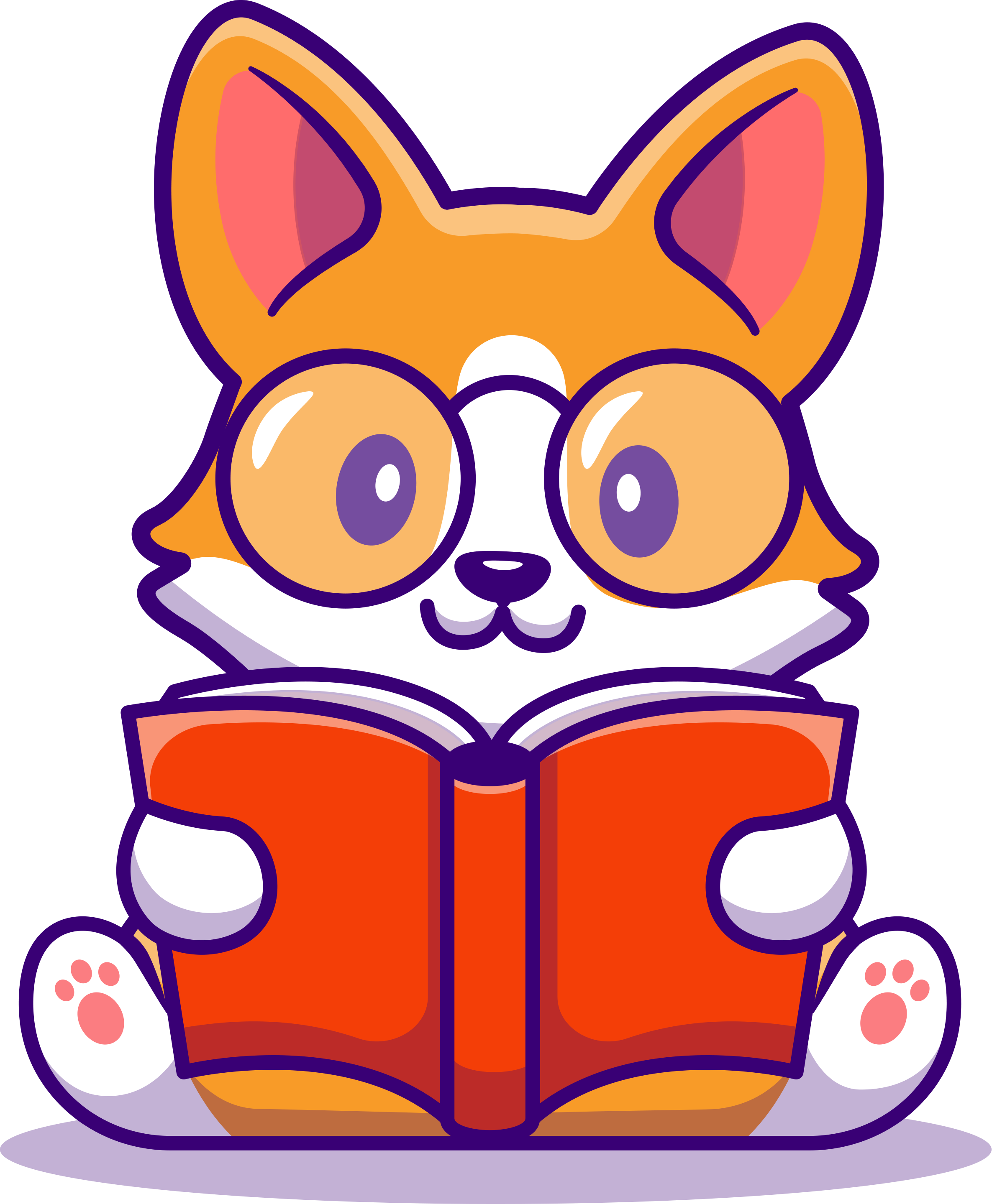 An illustration of a cute corgi sitting upright, wearing glasses, and reading from an open book