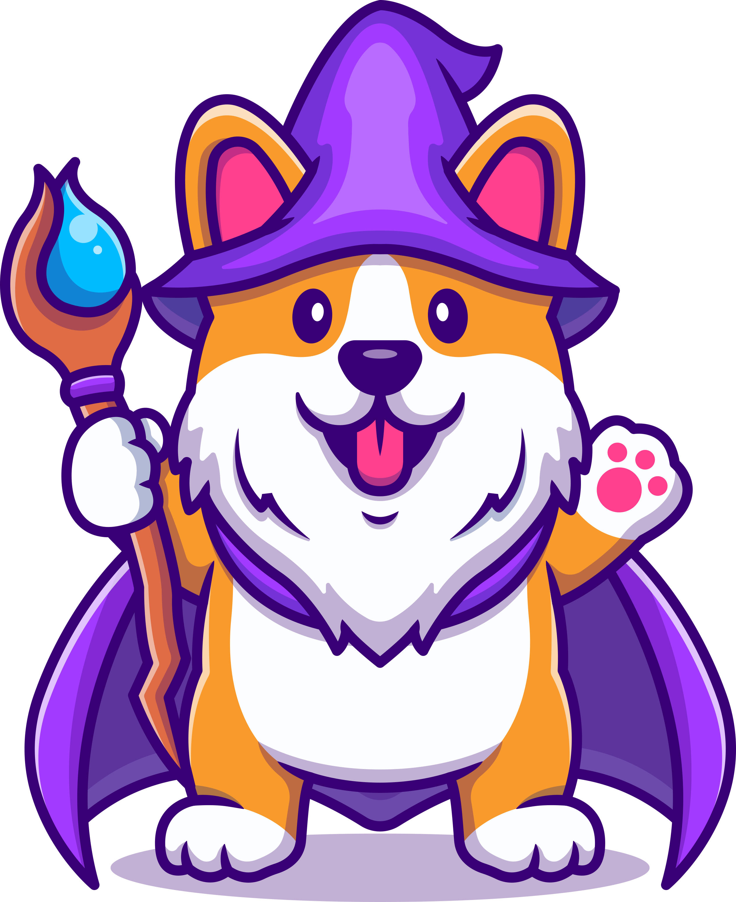 A cute wizard Corgi illustration, wearing a purple wizard hat and cape, and wielding a staff.